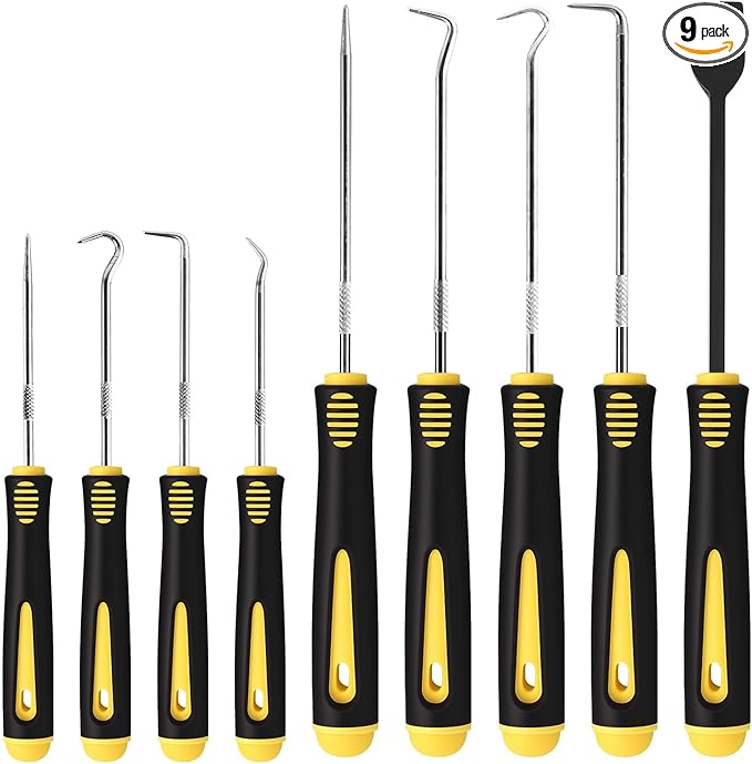 9PCS Hook and Pick Tool Set with Scraper- Automotive Pick Set with Metal Pick Tools & Ergonomic Grip, Mechanic Tool Set for Car Repair, O-Rings, Gaskets, and Tight Spaces