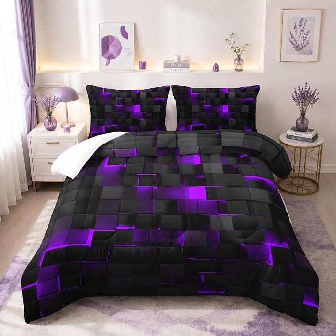 Geometric Violet Black Comforter Set,Light Honeycomb 3 Piece Bedding Set King Size for Teen Boys,Modern Bedding Quilt Set Geometry Decor,Microfiber Lightweight 1 Comforter 2 Pillowcases All Season
