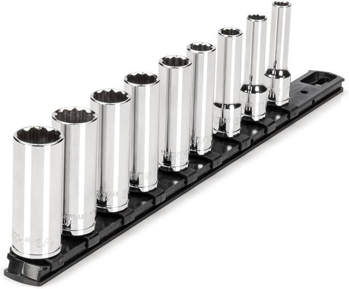 TEKTON 3/8 Inch Drive 12-Point Socket Set, 9-Piece | SHD91107 | (5/16 - 3/4 in.), Deep, Socket Rail