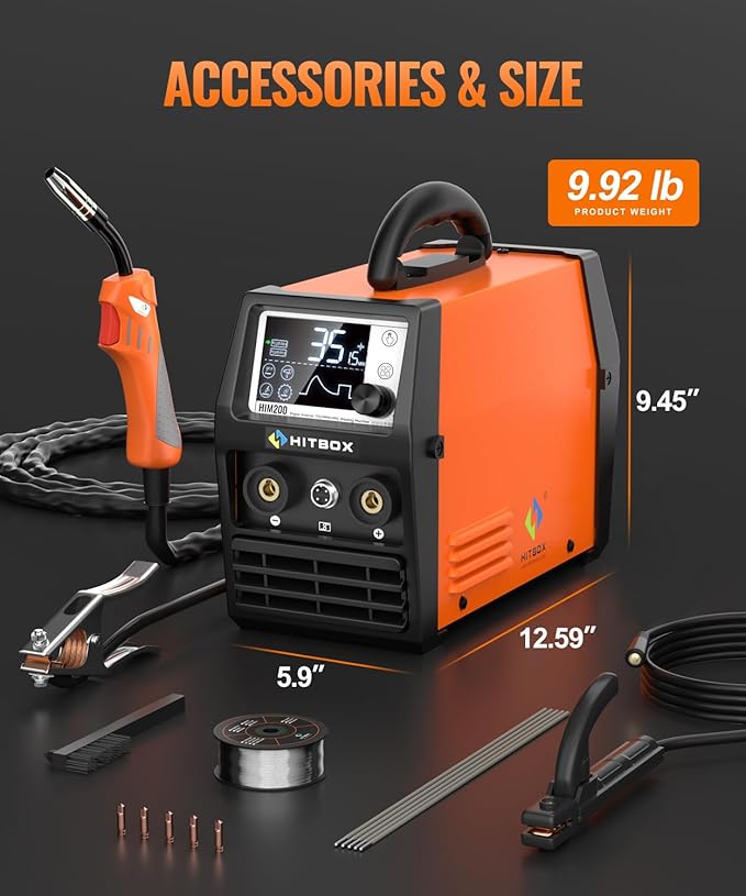 HITBOX 140A MIG Welder 110V/220V, Flux Core Welder/Stick ARC/Lift Tig/Spool Gun 4 in 1 Gasless Mig Welding Machine with LCD Display Synergy Dual Voltage IGBT Inverter Welder (HIM200)