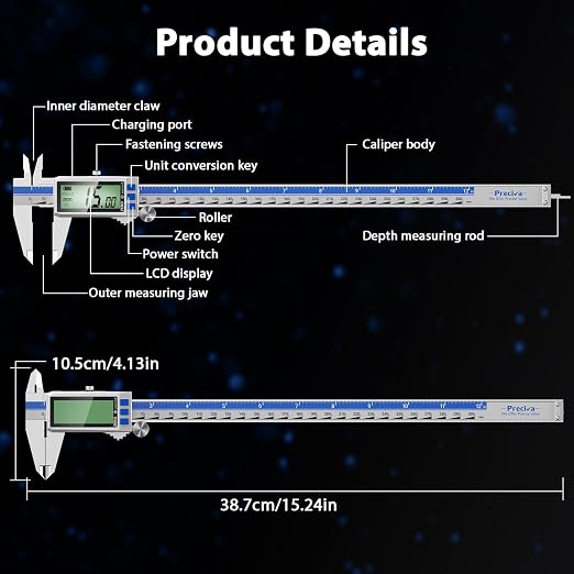 Preciva Digital Caliper 12 Inch, Rechargeable Stainless Steel Vernier Caliper with Large Display, Auto Off, Precision Inch/mm/Fraction Measuring Tool for DIY/Household/Woodworking