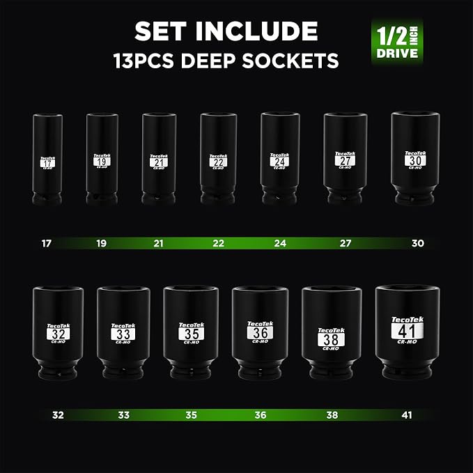 TecoTek 1/2" Drive Deep 6-Point Impact Socket Set, 13-Piece Spindle Axle Nut Impact Socket Set, Cr-Mo, Metric (17mm to 41mm), Enhanced Storage Case