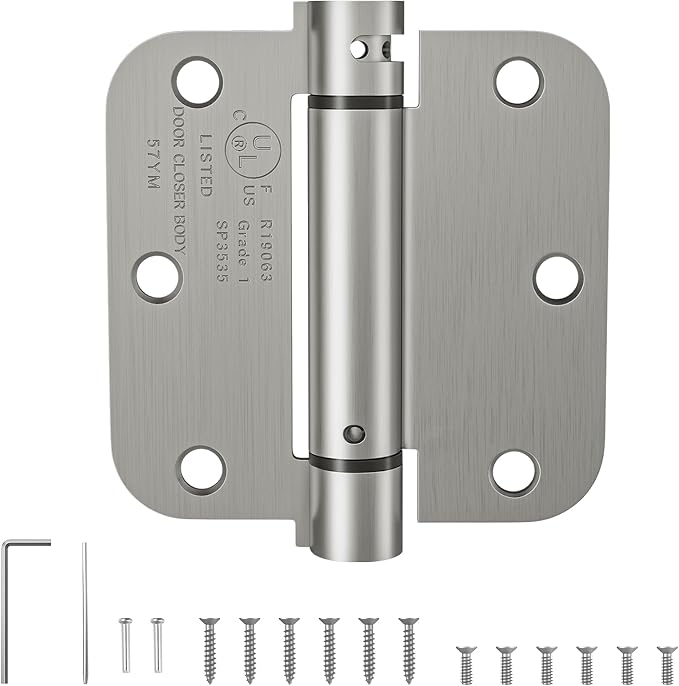 HOSOM Self Closing Door Hinges 3.5 Inch, Spring Loaded Hinges, Adjustable Tension for Interior Door, UL Listed, for Left and Right Hand Door, 5/8'' Radius Corners, Brushed Nickel, 1 Pack