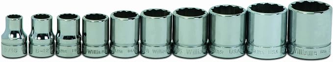 Williams JHWWSB-10RC 3/8-Inch Drive 12 Point SAE Shallow Socket Set with 10-Pieces (5/16" to 7/8"), High-Polished Chrome Finish