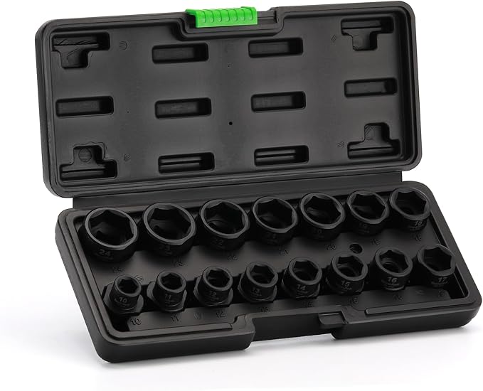 TecoTek 15-Piece 1/2-Inch Drive Metric Low Profile Impact Socket Set, Stubby Socket Set, 10mm-24mm, No Skips Sizes, 6 Point, Cr-Mo, Shorter Socket for Tight Areas