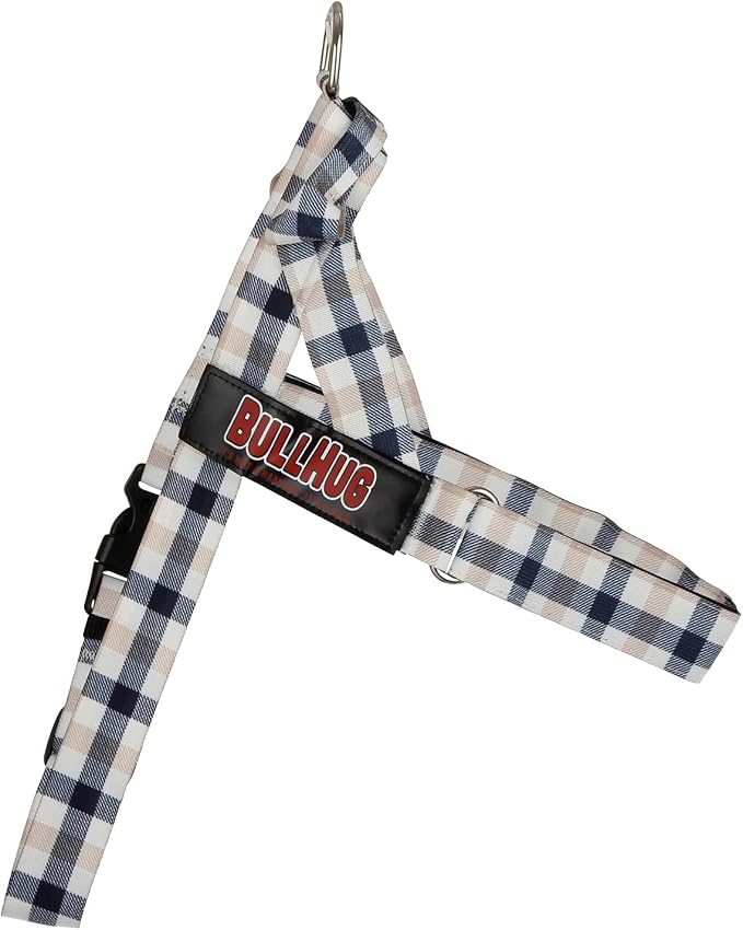 Adjustable Dog Harness– No Pull, No Choke – for English Bulldogs, French Bulldogs, Pugs & Broad-Chested Breeds – Easy, Safe Walks (Blue TAN Plaid, Small)