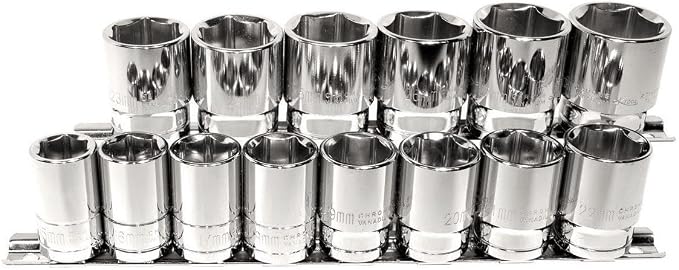 K Tool International 28100 Shallow Metric Socket Set with 1/2" Drive for Garages, Repair Shops and DIY, 6 Point, Heat-Treated, Chrome Vanadium Steel, 15mm to 28mm, Socket Rail, 14 Piece