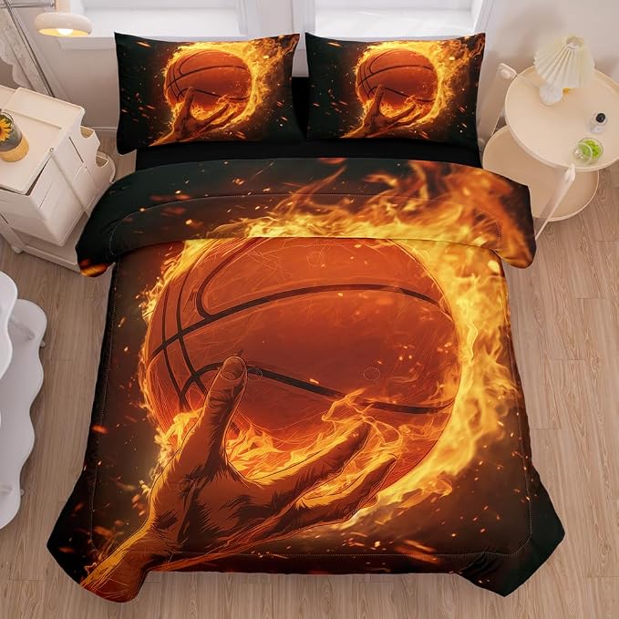 5 Pieces Basketball Comforter Full,Basketball with Fire Theme Sports Comforter Set Twin,Boys Bed Set with Sheets,Basketball Bedding Sets Full