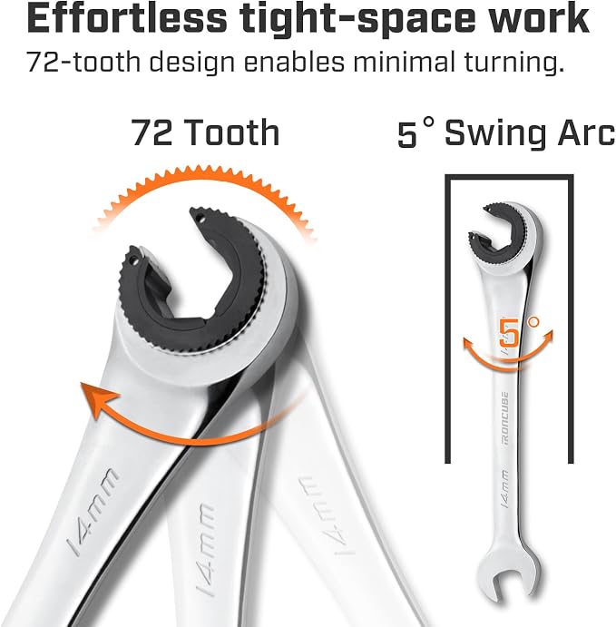 ironcube 14mm Brake Line Wrench Set: Metric Ratcheting Open-end for Nuts on Fuel, Brake or Air Conditioning Lines