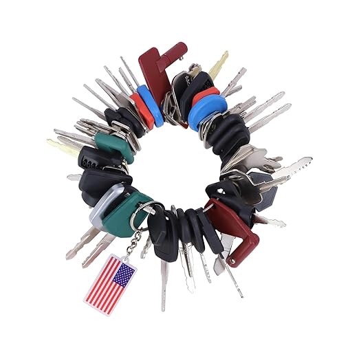 50 Pcs Equipment Keys Master Set, Compatible with CAT Caterpillar Bobcat JCB John Deere Case Kubota Volvo Komatsu Hyster Jlg Yanmar, Construction Heavy Equipment Ignition Keys with US Flag Keychain