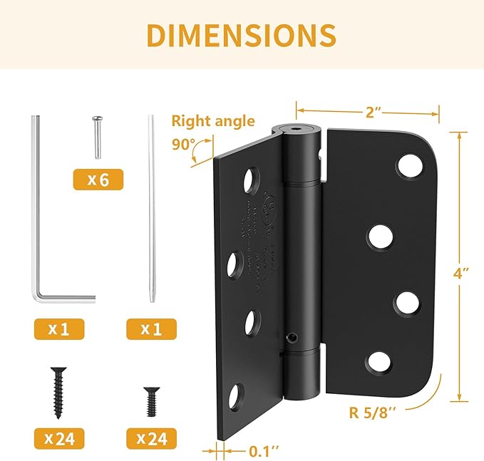 Luxbaro 3 Pack Self Closing Door Hinges 4 Inch, Matte Black Spring Loaded Hinges with Square & 5/8" Radius Corners, Adjustable Tension for Garage, Front Door, for Left and Right Hand Door, UL Listed