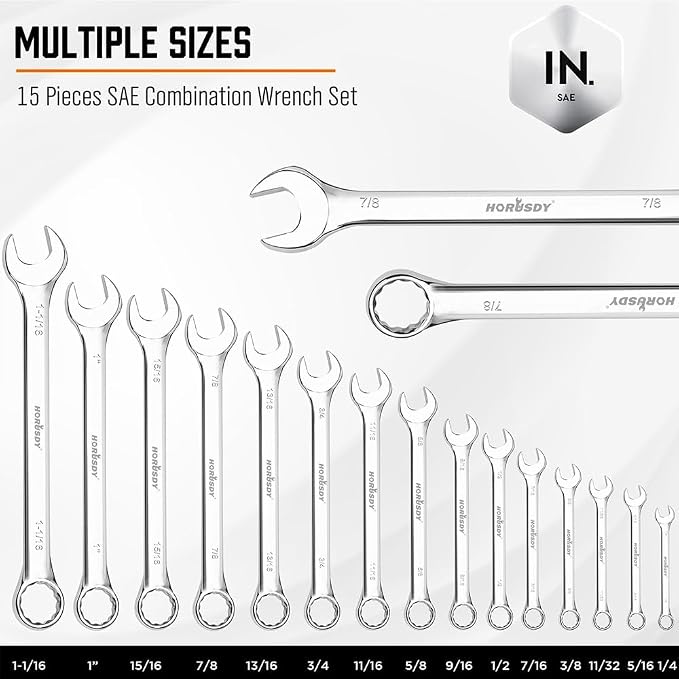 HORUSDY 15-Piece SAE Wrench Sets, Premium Combination Wrench Set Metric 1/4in-1 in, Max Torque, 12-Point, Chrome Vanadium Steel, with Storage Rack