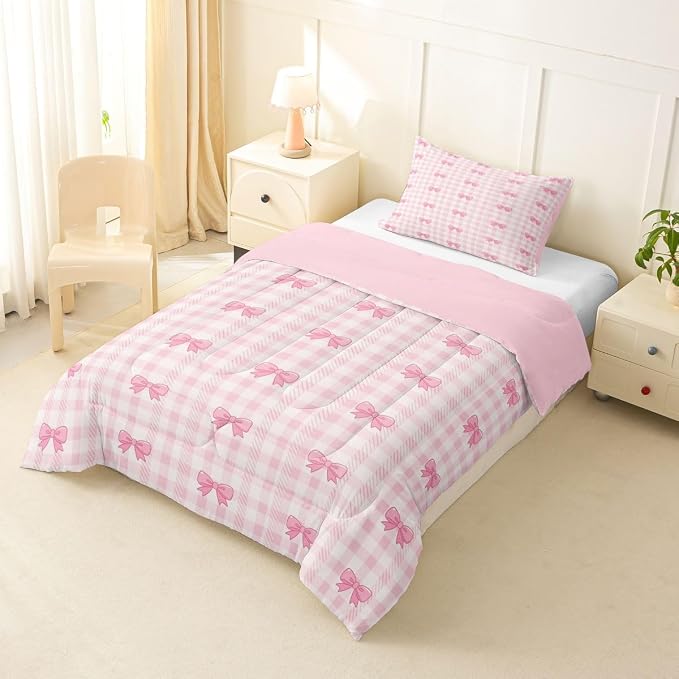 Feelyou Pink Bow Checkered Comforter Set Twin Size Chic Grid Bowknot Bedding Set for Kids Boys Girls Princess Duvet Quilt Bedroom Decor Microfiber 2 Pcs with 1 Pillow Cases