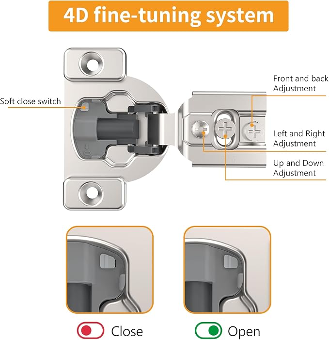 Chibery 4 Pack 9/16" Overlay 4D Concealed Hinges for Face Frame Door, Soft Close On/Off Switch, Self Closing, 105° Open Angle Concealed Stainless Steel Hinges for Framed Cabinet, Satin Nickel