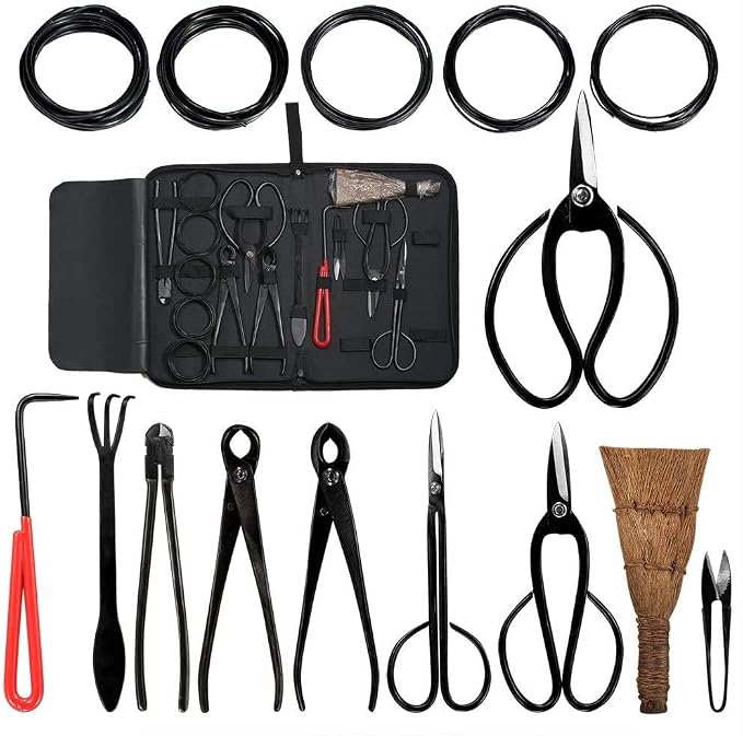 Gardening Tools，10PCS Bonsai Tool Kit ，Hand Made Set Carbon Steel Shear Cutter Scissor Wire Plant Gardening Nylon Case