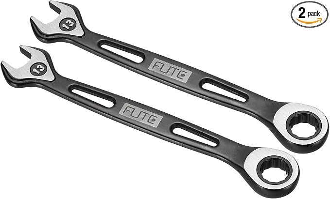 HARFINGTON 2Pcs Ratcheting Combination Wrench 13mm Stubby Wrench Metric High Carbon Steel Double 12-Point Box Open-Ended Ratchet Spanner Tool for Household Garage Workshop Auto Repairs, Black