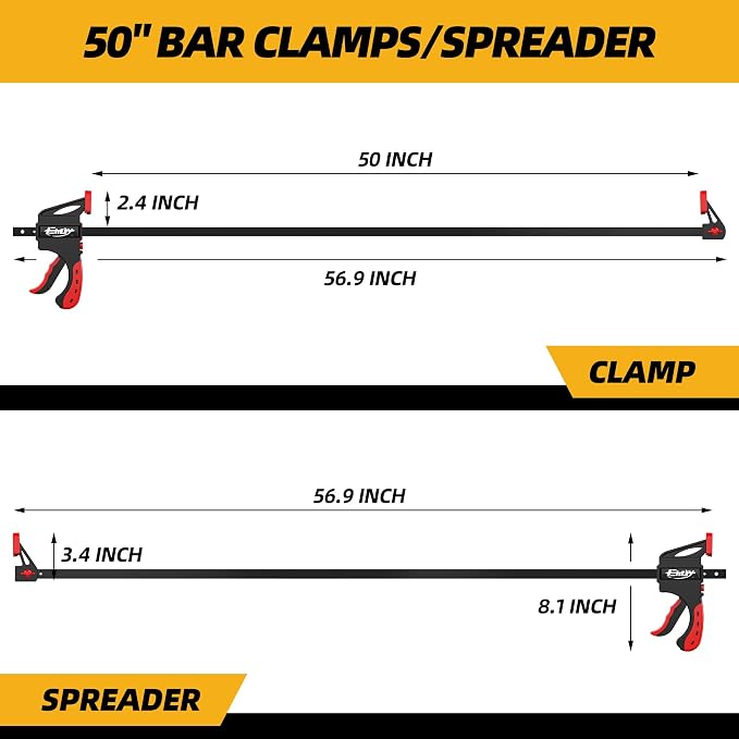 50" Bar Clamps for Woodworking 2-Piece, One-Handed Quick-Change F Clamp/Spreader with 130 LBS Load Limit, Wood Clamps for Gluing, Carpentry, DIY, and Woodworking