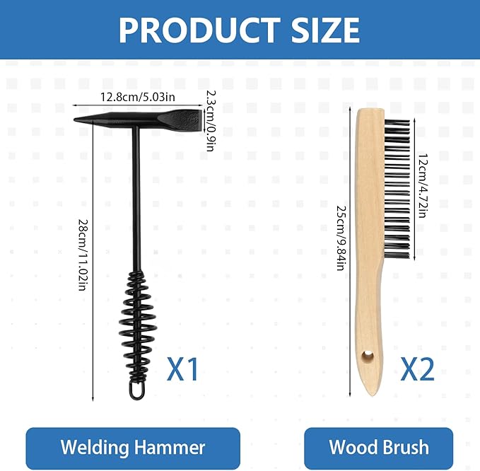 3 Pack Welding Chipping Hammer and Wire Brush Set – 1 Pcs 11" Hammer with Coil Spring Handle, Cone and Vertical Chisel and 2Pcs 9.8" Stainless Steel Brush for Slag, Spatter, Residue Removal