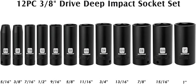 MIXPOWER 12 Pieces 3/8-Inch Drive Deep Impact Socket Set, 5/16 to 1 inch, CR-V, SAE, 6 Point, Deep, 12 Pieces 3/8" Dr. Socket