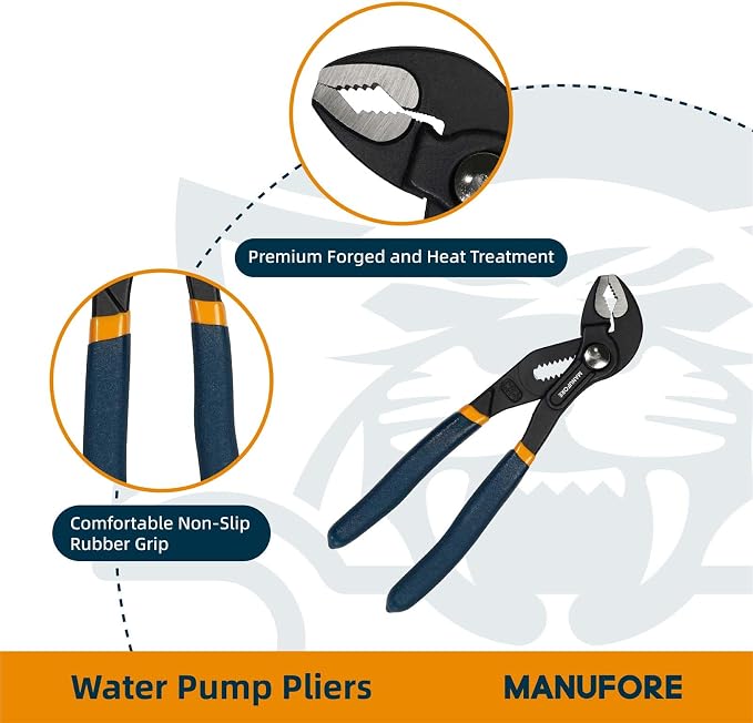 MANUFORE Water Pump Pliers, 7/10/12 Inch Tongue and Groove Pliers Set | Quick Release Design, Deep V-Jaws Teeth for Firm Grip, Comfort Grip and High Carbon Steel for Gripping Pipes, Rods, Shafts