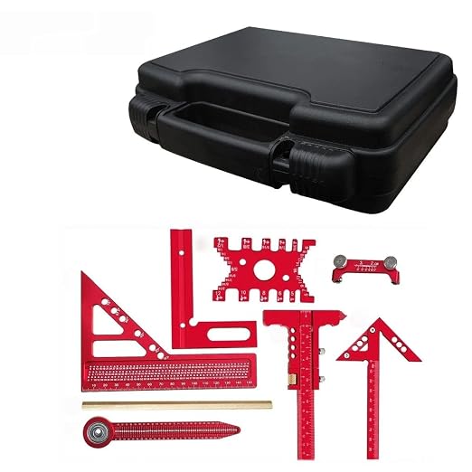 Woodworking Measuring Tools with Box, Aluminum Scribeing Ruler, Multi-Purpose Marking Ruler, Precision Layout Measuring Tool Carpentry Square Kits for Engineer Carpenter (7pcs with Box)