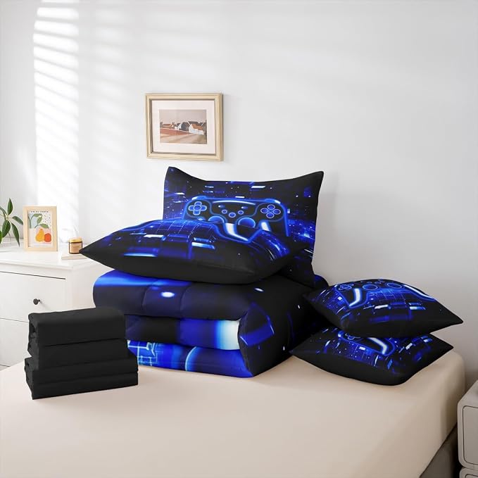Gamer Bed in a Bag Queen Comforter Set 7 Piece, Gaming Bedding Sets Neon Lights Video Game Console Comforter and Sheet Set, Blue Brick Cube Room Decor,Gamer Decor for Boys Bedroom