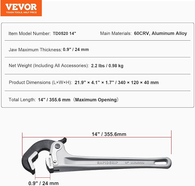 VEVOR Pipe Wrench, 14" Aluminum Straight Pipe Wrench, Automatic Jaw Adjustment, Adjustable Plumbing Wrench, Easy to Carry, Ergonomic Handle, Hangable Design, for Water Pipes, Automotive Repairs