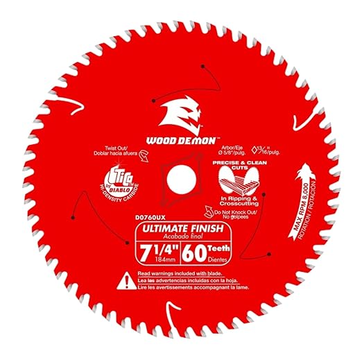 Diablo Wood Demon Ultimate Finish Carbide Circular Saw Blade - Ideal for Professional Use and DIYers - 7-1/4" Diameter, 60 Hi-ATB Teeth, 8,000 Max RPM - D0760UXA