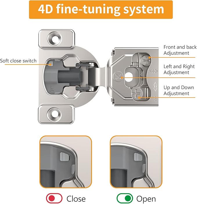 Chibery 50 Pack 7/16" Overlay 4D Concealed Hinges for Face Frame Door, Soft Close On/Off Switch, Self Closing, 105° Open Angle Concealed Stainless Steel Hinges for Framed Cabinet, Satin Nickel