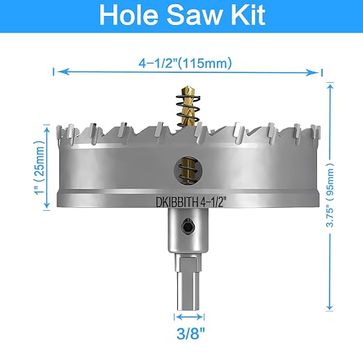 TCT Hole Saw Set, 4-1/2"(115mm) Heavy Duty Tungsten Carbide Tipped Hole Cutters for Stainless Steel Mild Steel Copper Iron Brass Plastic and More, with Titanium-Plated Pilot Drill Bits.