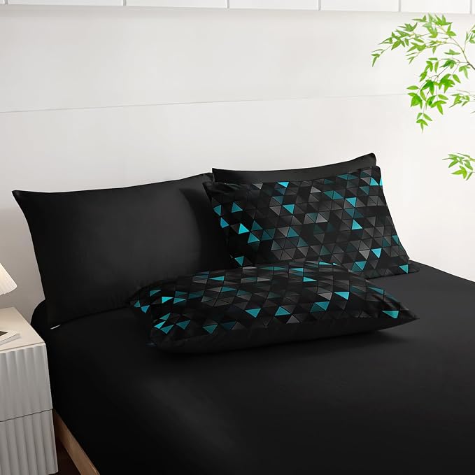 Nttopship Geometric Turquoise Black Triangle Full Comforter Set, Light Honeycomb Bedding Set 7 Piece in A Bag,Bed Sheet Set Geometry Decor,Microfiber Lightweight All Season