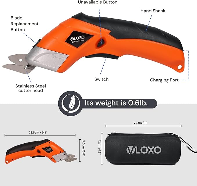 VLOXO Cordless Electric Scissors, Cardboard Cutter Super Scissors Box Cutter with Blades Rechargeable Powerful Fabric Tool for Crafts Leather Carpet Plastic Felt Include Case Orange CS4001
