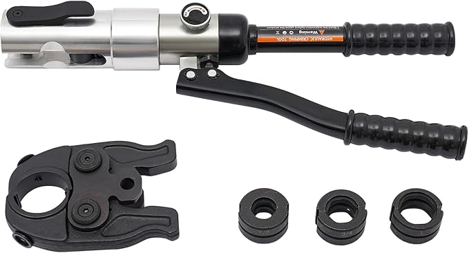 Pipe Crimper Copper Pipe Press Crimping Tool Kit 360° Rotatable Crimp Head Hydraulic Copper Tube Crimping Tool for Copper Tees Elbows Straight Pipes with 3 Molds (1/2", 3/4", 1") (Black)