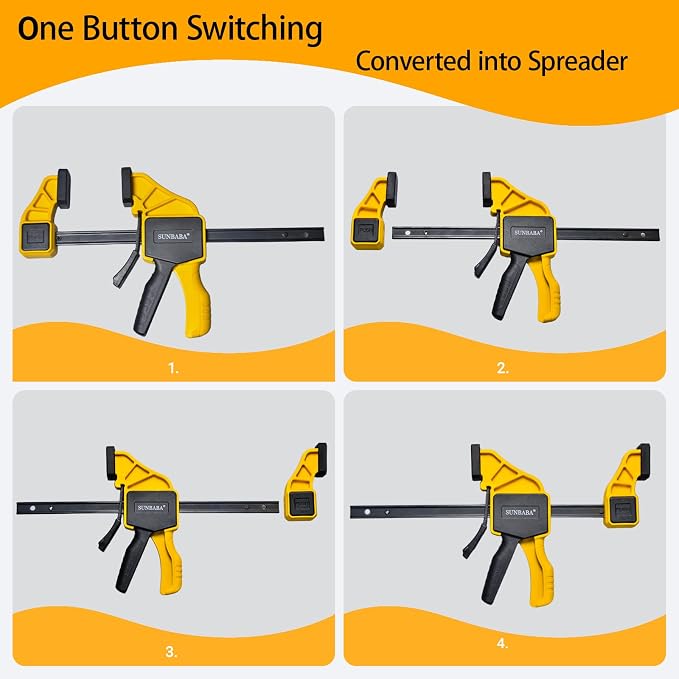 SUNBABA 6 Pack Clamps for Woodworking 12”(4)&6”(2) Light Duty One-Handed F Clamp/Spreader Bar Clamps Set 150LBS Load Limit with Quick Change Button