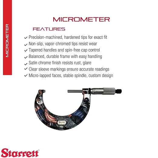 Starrett Outside Micrometer with One-Piece Spindle, Satin Chrome Finish and Advanced Sleeve Design - American Pride Theme, 2-3" Range, .0001" Graduation - APT436.1XRL-3