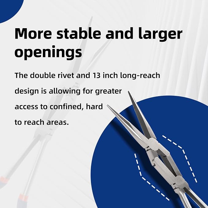 13” Long Needle Nose Pliers Set, Double Rivet, Knurled Jaws, Bent 45°and Straight Needle Nose, 2-Piece, Extended Reach for Tight Spaces (2-Piece（Straight +45°）)