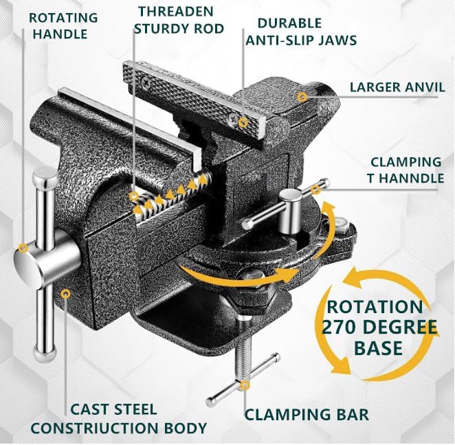 Bench Vise 4-1/2in Multi-Purpose Bench Vice Clam on Vise, Heavy Duty Cast Iron Bench Clamp with Anvil-Multi-Jaw Swivel Base - Bnech Vice for Workbench, Woodworking, Workshop DIY