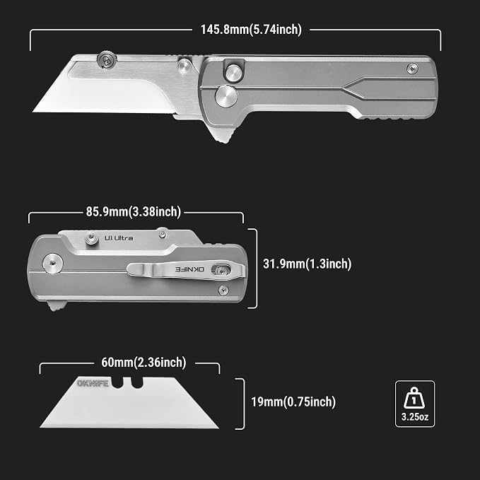 OKNIFE U1 Ultra Titanium Pocket Folding Utility Knife with Ceramic Blade, Button Lock EDC Box Cutter with Clip for Men Women