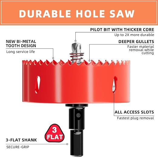 3-3/4 in. Bi-Metal Hole Saw Drill Bits - Versatile and Durable Hole Cutter for Wood, Plywood, Plaster Drywall, Ceiling, Plastic Pipe, PVC and Thin Metal - Includes Arbor & Pilot Bit (95mm)