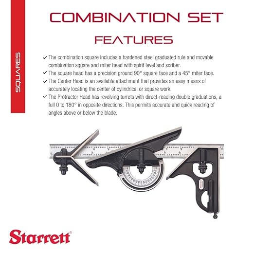 Starrett Combination Set with Square, Center and Reversible Protractor Head and Blade -12" Blade Length, Forged and Hardened Steel Heads, 4R Graduation Type - 434-12-4R