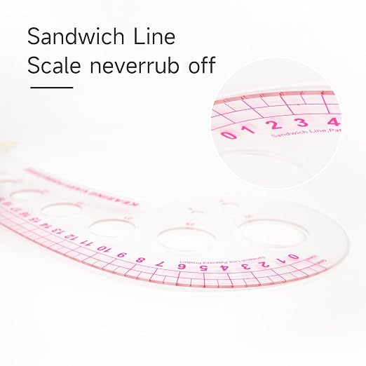 KEARING 32CM Clear Plastic French Curve Ruler for Pattern Making, Sandwich Line Scale, Vary Form Curve Ruler for Sewing, Clear Hip Curve Measuring Ruler for Fashion Design Dressing Making