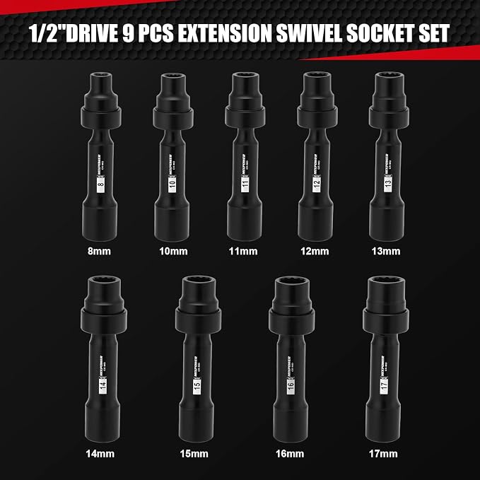 MIXPOWER 9-Piece 1/2" Drive Master Extension Swivel Socket Set,12-Point,Metric,8mm-17mm,CR-MO Steel,Driveline Limited Clearance Socket Set With Storage Case