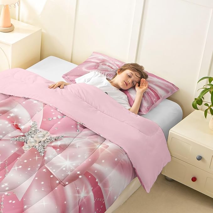Feelyou Pink Bowknot Comforter Set Twin Size Glitter Bow Bedding Set for Kids Boys Girls Dreamy Princess Duvet Quilt Bedroom Decor Microfiber 2 Pcs with 1 Pillow Cases