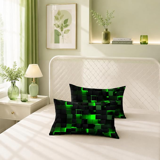 Nttopship Geometric Green Black Comforter Set,Light Honeycomb 3 Piece Bedding Set Queen Size for Teen Boys,Modern Quilt Set Geometry Decor,Microfiber Lightweight 1 Comforter 2 Pillowcases All Season