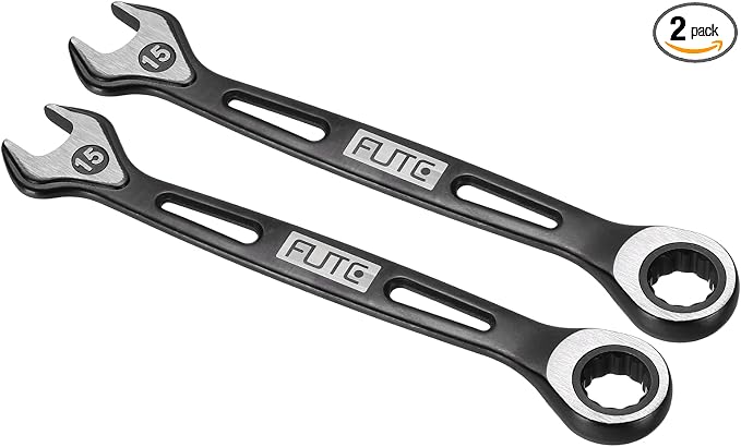 HARFINGTON 2Pcs Ratcheting Combination Wrench 15mm Stubby Wrench Metric High Carbon Steel Double 12-Point Box Open-Ended Ratchet Spanner Tool for Household Garage Workshop Auto Repairs, Black