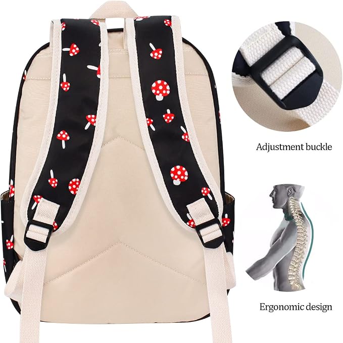 Mushroom School Backpack for Teen Girls, Bookbag with Lunch Box and Pencil Case