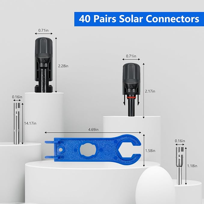 80PCS Solar Connectors, 40 Pairs IP67 Waterproof Solar Panel Connectors with 2 Spanners, Suitable for Solar Wire 14-10 awg.(Without Solar Crimper)