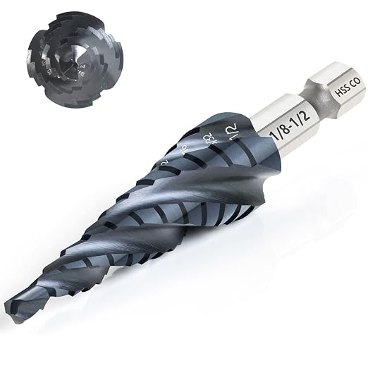 Matework M35 Cobalt Step Drill Bit, Four Spiral Flute Unibit Step Drill Bit (1/8"-1/2") Wear-Resistant TiAlN Coated, 1/4" Hex Shank for Metal, Carbon Steel, Stainless Steel, Wood, Plastic (13 Size)