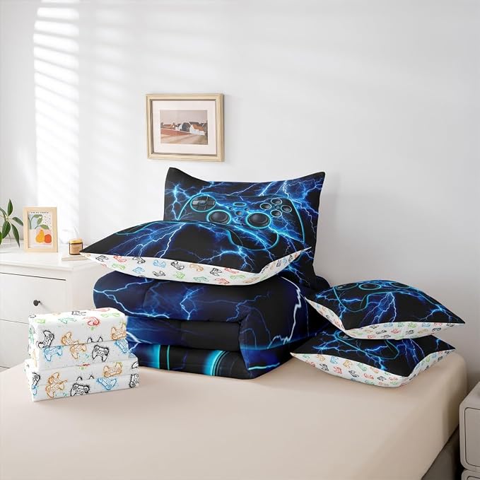 Erosebridal Gaming 7-Piece Comforter Set Full Bed in a Bag, Gamer Bedding Sets Video Game Consoles Comforter and Sheet Set, Blue Lightning Room Decor,Gamer Room Decor for Boys