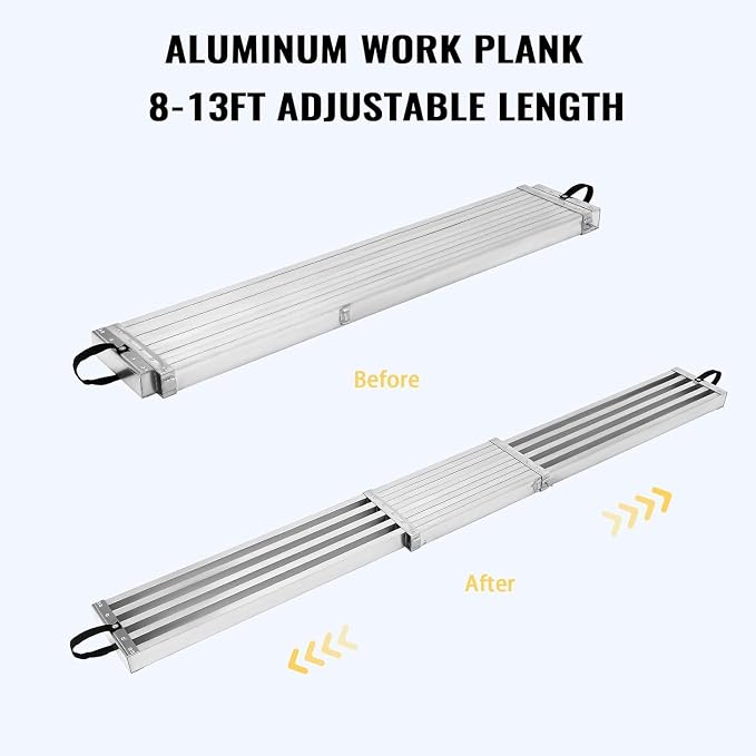 GAOMON Telescoping Work Plank, Aluminum Plank, Adjustable Work Platform 440LBS Capacity, Extension Scaffolding Plank with Skid-Proof Platform, Scaffold Ladder Accessory (8FT-13FT - Sliver)